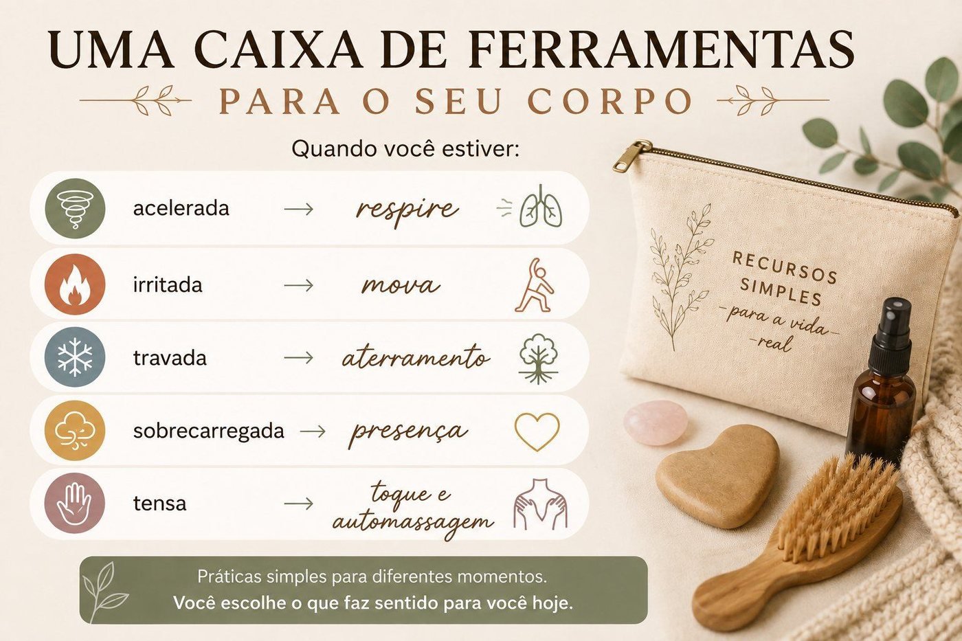 Uma caixa de ferramentas para o seu corpo: acelerada → respire, irritada → mova, travada → aterramento, sobrecarregada → presença, tensa → toque e automassagem